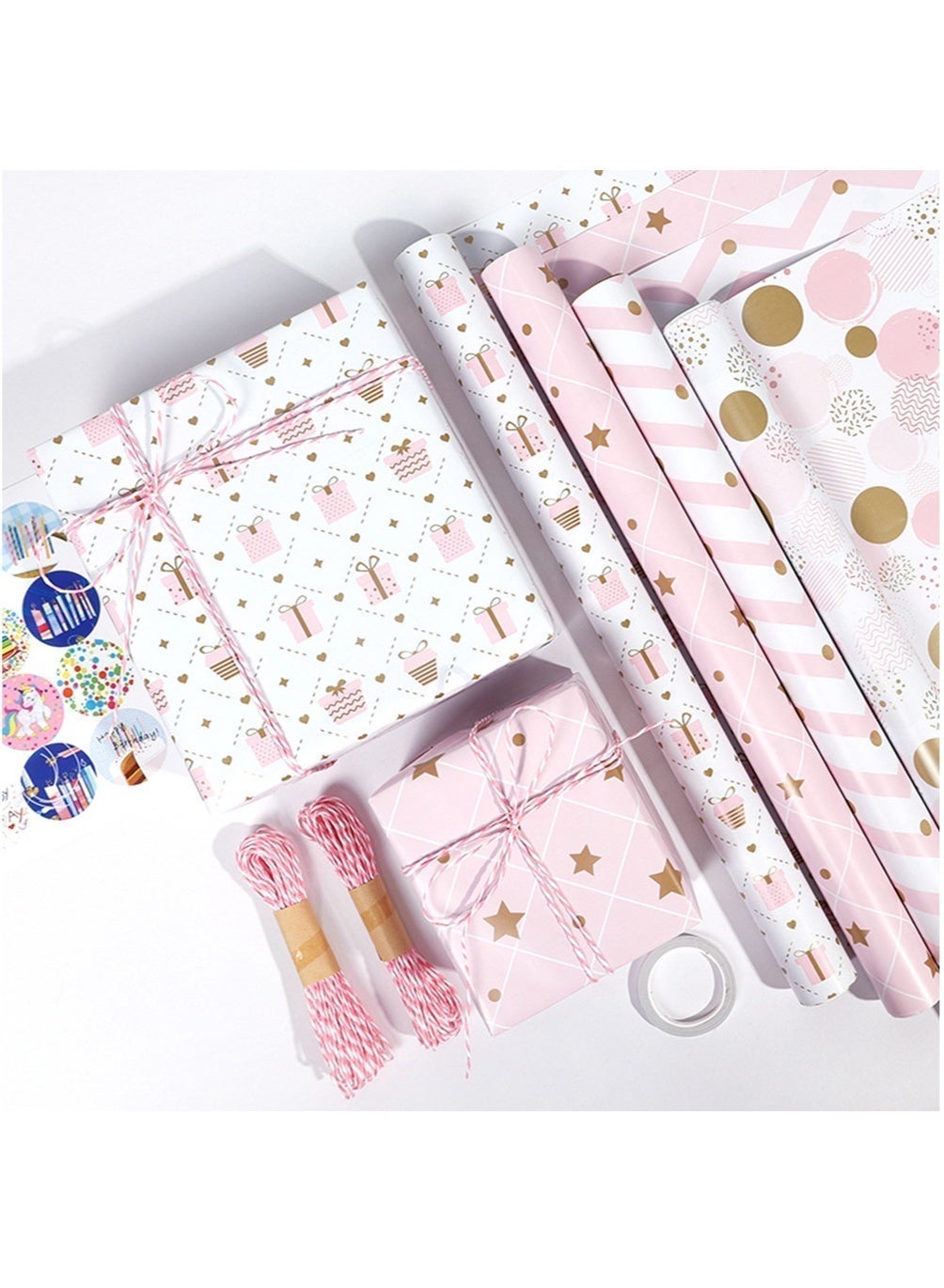 4 PCS Pink Gift Wrap Paper Roll, Birthday Wrapping Paper for Girl, Pastel Pink Girly Gift Wrap Paper for Valentines Day, Christmas, Wedding, Baby Shower (Mini Roll,43CM x 300CM Per Roll)