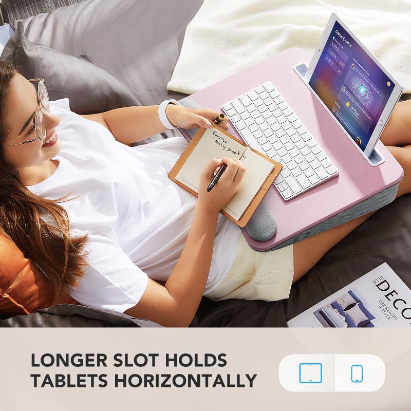 HUANUO Lap Laptop Desk - Portable Lap Desk with Pillow Cushion, Fits up to 15.6 inch Laptop, with Anti-Slip Strip & Storage Function for Home Office Students Use as Computer Laptop Stand - Pink - Image 5