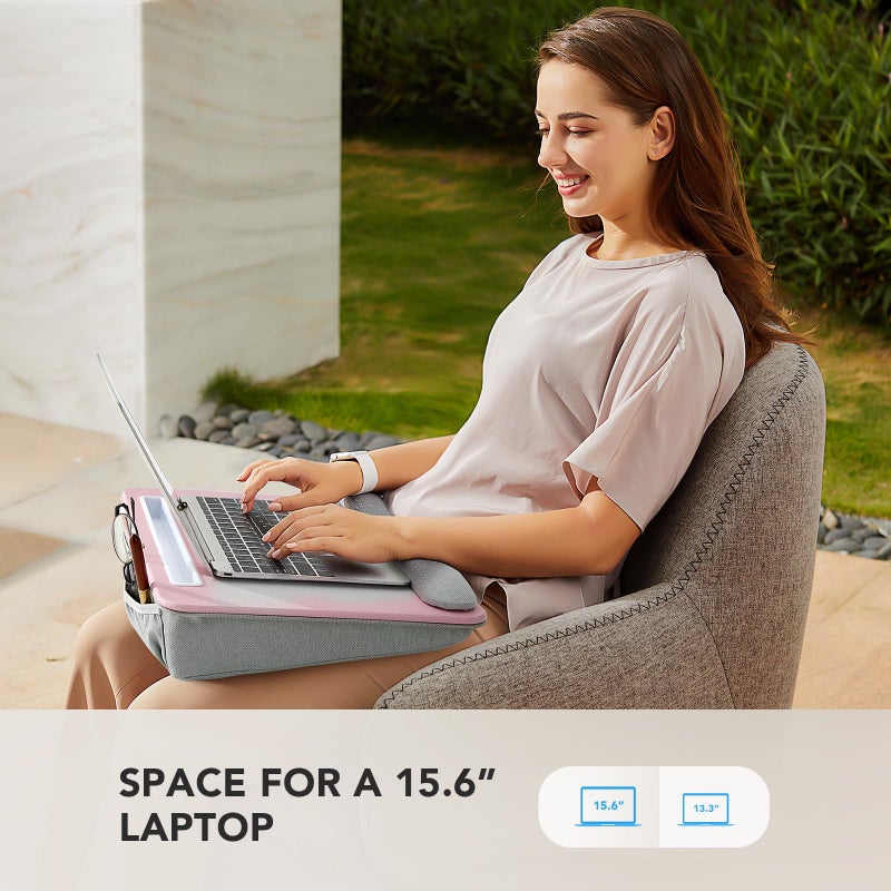 HUANUO Lap Laptop Desk - Portable Lap Desk with Pillow Cushion, Fits up to 15.6 inch Laptop, with Anti-Slip Strip & Storage Function for Home Office Students Use as Computer Laptop Stand - Pink - Image 2