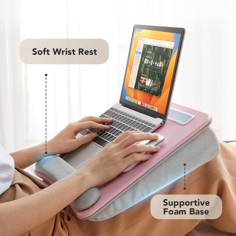 HUANUO Lap Laptop Desk - Portable Lap Desk with Pillow Cushion, Fits up to 15.6 inch Laptop, with Anti-Slip Strip & Storage Function for Home Office Students Use as Computer Laptop Stand - Pink - Image 4