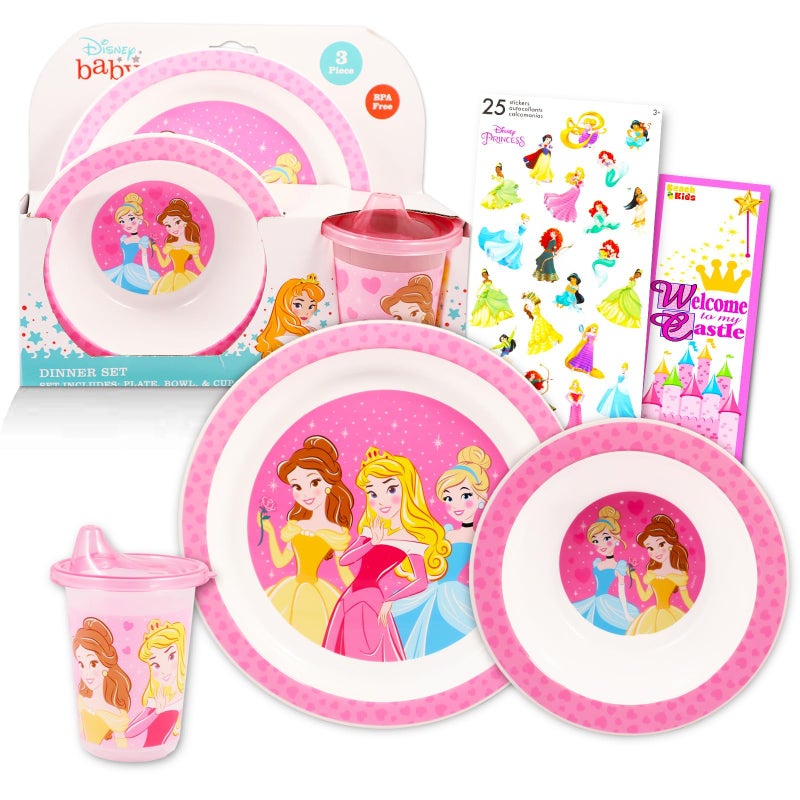 Disney Princess 5-Piece Dinnerware Set for Kids, Toddlers - Plastic Plate, Bowl, Cup with Cinderella Stickers and Castle Door Hanger - Image 1