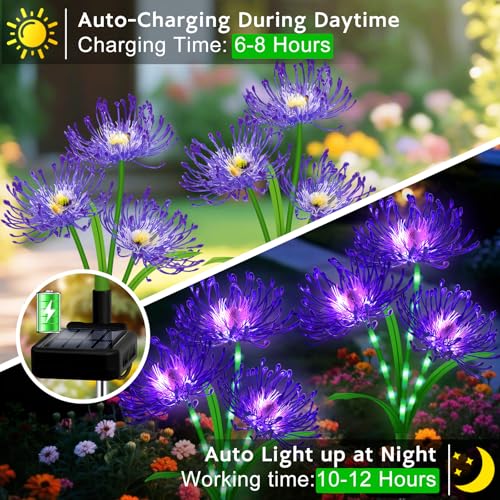 yulloyello Solar Garden Flower Lights Outdoor, 4 Pack Purple Spider Lily Solar Lights with Glowing Stems, IP65 Waterproof LED Yard Decor for Patio Lawn Pathway,Gifts for Women Mom Grandma - Image 4
