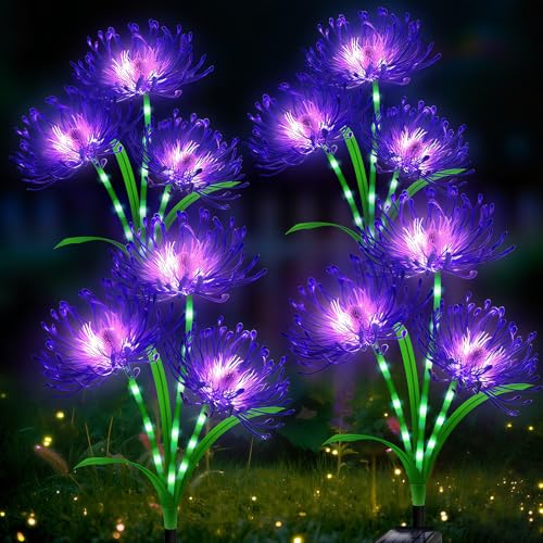 yulloyello Solar Garden Flower Lights Outdoor, 4 Pack Purple Spider Lily Solar Lights with Glowing Stems, IP65 Waterproof LED Yard Decor for Patio Lawn Pathway,Gifts for Women Mom Grandma - Image 1