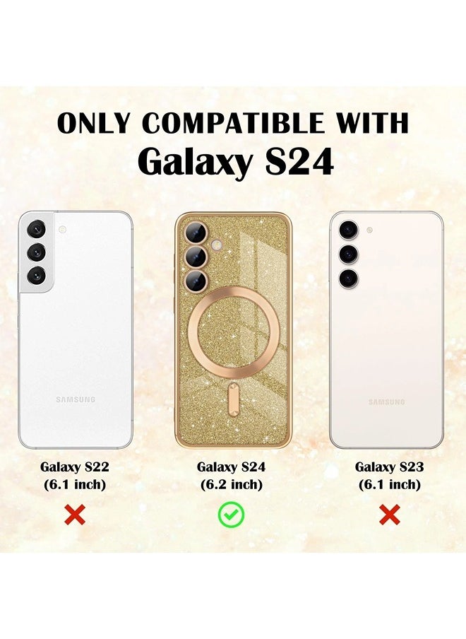 for Samsung Galaxy S24 Case Glitter, Clear Magnetic Phone Cases with Camera Lens Protector [Compatible with MagSafe] Bling Sparkle Plating Soft TPU Slim ShockProof Protective Cover