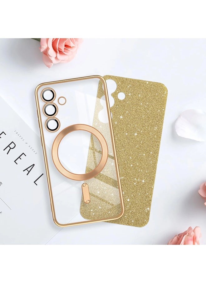 for Samsung Galaxy S24 Case Glitter, Clear Magnetic Phone Cases with Camera Lens Protector [Compatible with MagSafe] Bling Sparkle Plating Soft TPU Slim ShockProof Protective Cover
