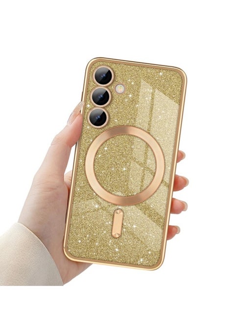 for Samsung Galaxy S24 Case Glitter, Clear Magnetic Phone Cases with Camera Lens Protector [Compatible with MagSafe] Bling Sparkle Plating Soft TPU Slim ShockProof Protective Cover
