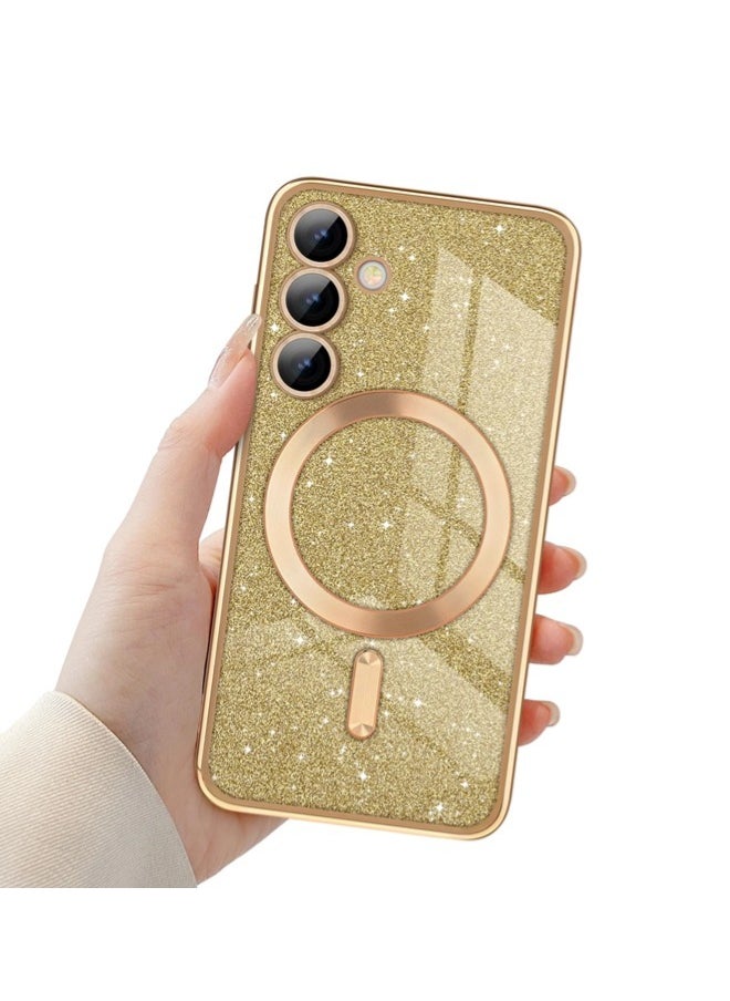 for Samsung Galaxy S24 Case Glitter, Clear Magnetic Phone Cases with Camera Lens Protector [Compatible with MagSafe] Bling Sparkle Plating Soft TPU Slim ShockProof Protective Cover