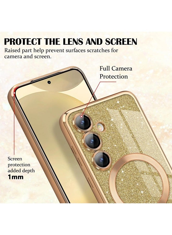 for Samsung Galaxy S24 Case Glitter, Clear Magnetic Phone Cases with Camera Lens Protector [Compatible with MagSafe] Bling Sparkle Plating Soft TPU Slim ShockProof Protective Cover