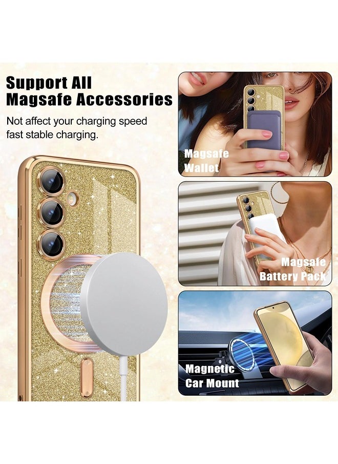 for Samsung Galaxy S24 Case Glitter, Clear Magnetic Phone Cases with Camera Lens Protector [Compatible with MagSafe] Bling Sparkle Plating Soft TPU Slim ShockProof Protective Cover