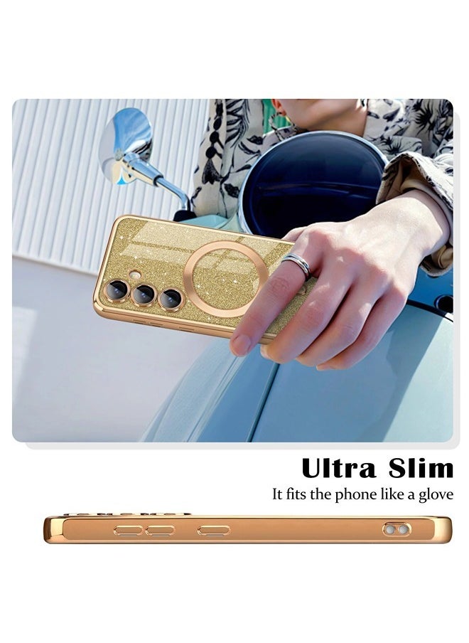 for Samsung Galaxy S24 Case Glitter, Clear Magnetic Phone Cases with Camera Lens Protector [Compatible with MagSafe] Bling Sparkle Plating Soft TPU Slim ShockProof Protective Cover