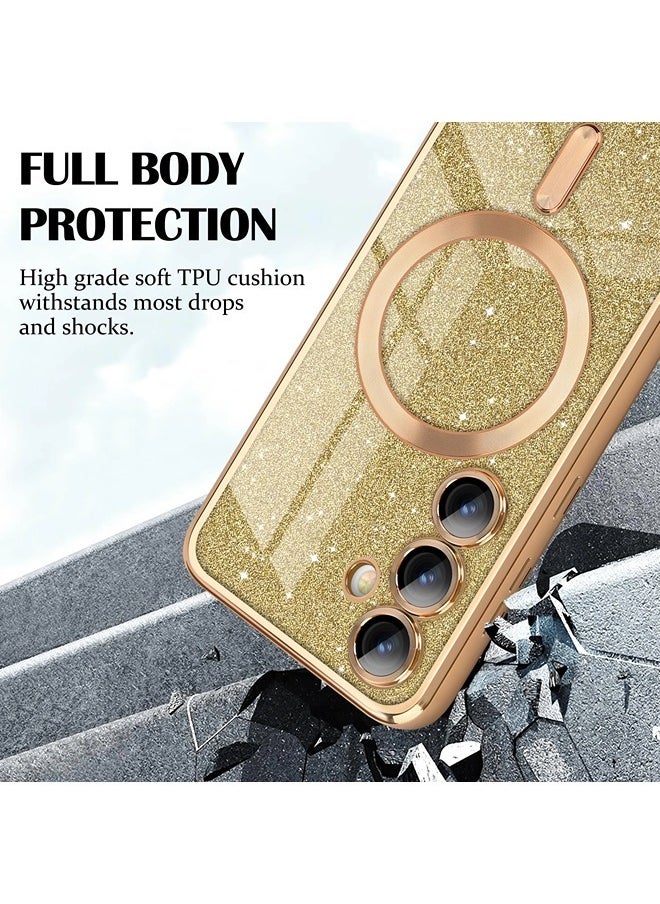 for Samsung Galaxy S24 Case Glitter, Clear Magnetic Phone Cases with Camera Lens Protector [Compatible with MagSafe] Bling Sparkle Plating Soft TPU Slim ShockProof Protective Cover