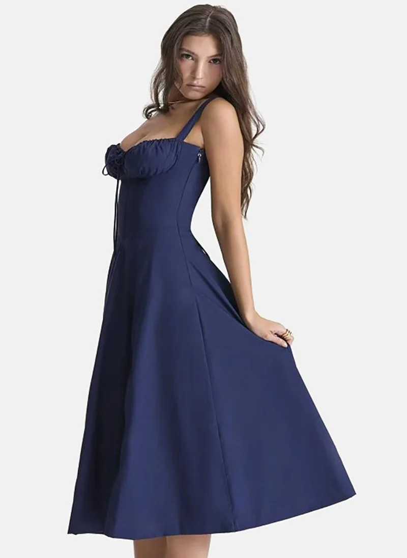 يونيكي Navy Blue Shoulder Straps Fit & Flare Midi Dress
