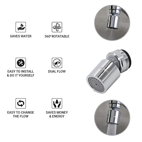 ECO365 360° Swivel Tap Aerator | Dual Flow X22 Faucet Nozzle with Chrome Finish | Adjustable Foam Stream & Jet Spray | Water Saving Foam Flow Nozzle for Kitchens & Bathrooms - Pack of 1 - Image 5