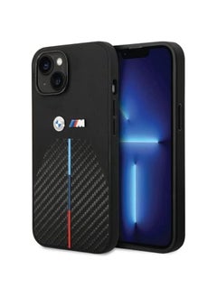 BMW M Collection Quilted PU Carbon Case With Hot Stamped Tricolor Stripe & Metal Logos For iPhone 14 Max - Black