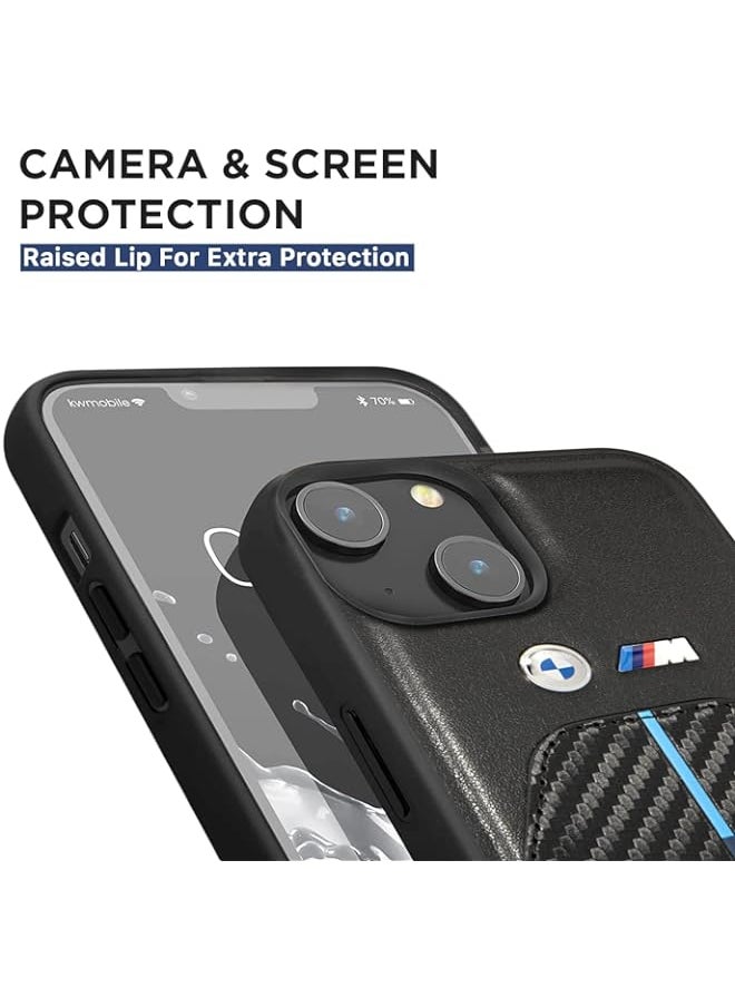 BGM - BMW M Collection Quilted PU Carbon Case With Hot Stamped Tricolor Stripe & Metal Logos For iPhone 14 Max - Black - Image 1