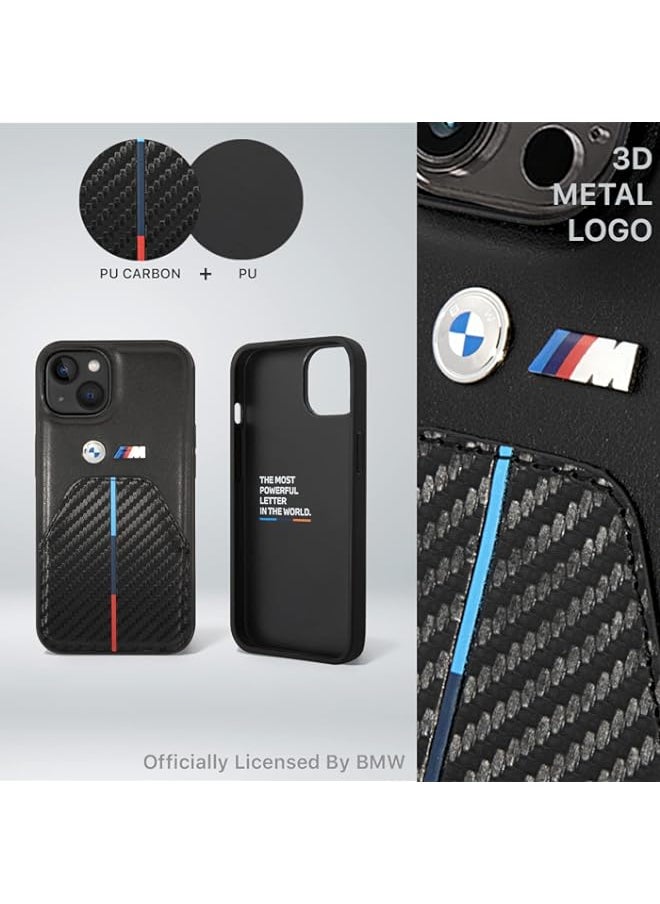 BGM - BMW M Collection Quilted PU Carbon Case With Hot Stamped Tricolor Stripe & Metal Logos For iPhone 14 Max - Black - Image 1