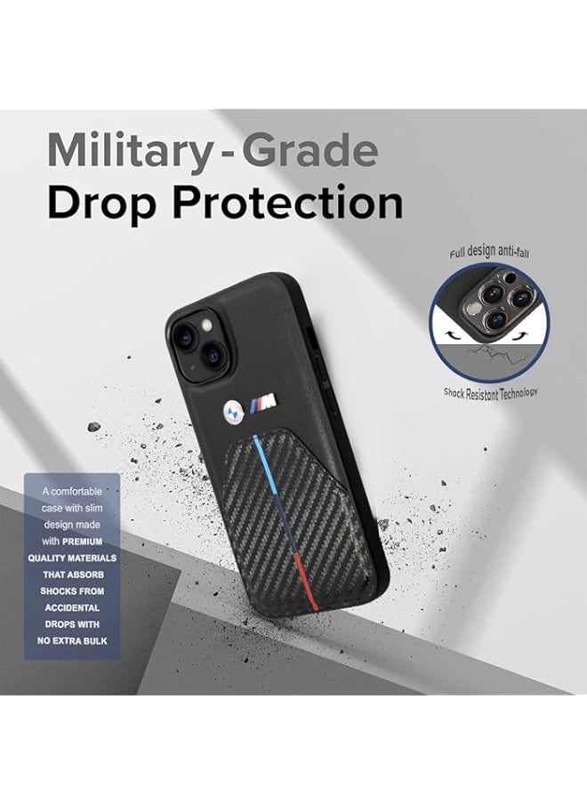 BGM - BMW M Collection Quilted PU Carbon Case With Hot Stamped Tricolor Stripe & Metal Logos For iPhone 14 Max - Black - Image 1