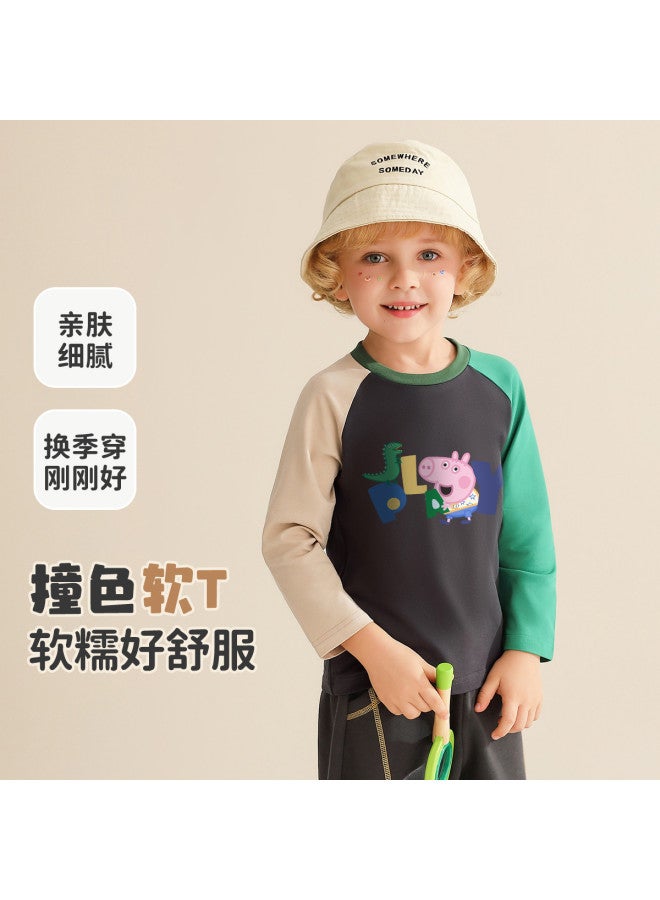 Peppa Pig spring Long Sleeve Boys' T-shirt With Contrast Color Ab Sleeves Fashion Kids Tee Infant Toddler Top - Image 2