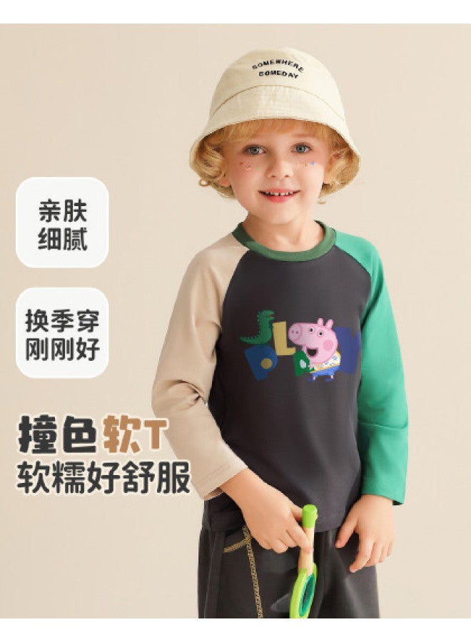 Peppa Pig spring Long Sleeve Boys' T-shirt With Contrast Color Ab Sleeves Fashion Kids Tee Infant Toddler Top - Image 1