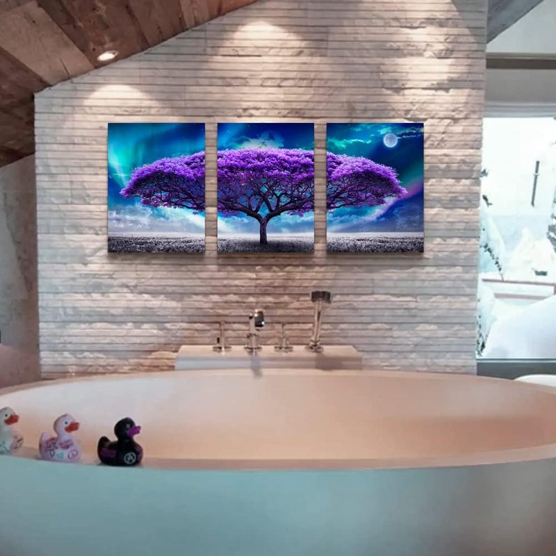 Lapremoly Canvas Wall Art For Living Room Boho Wall Decor For Bedroom Farmhouse Wall Pictures Aurora Purple Tree Scenery Wall Painting Office Canvas Prints Modern Dormitory Home Decorations 16" X 24" 3 Piece - Image 4