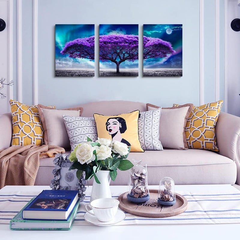 Lapremoly Canvas Wall Art For Living Room Boho Wall Decor For Bedroom Farmhouse Wall Pictures Aurora Purple Tree Scenery Wall Painting Office Canvas Prints Modern Dormitory Home Decorations 16" X 24" 3 Piece - Image 3