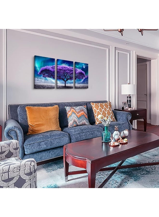 Lapremoly Canvas Wall Art For Living Room Boho Wall Decor For Bedroom Farmhouse Wall Pictures Aurora Purple Tree Scenery Wall Painting Office Canvas Prints Modern Dormitory Home Decorations 16" X 24" 3 Piece - Image 2