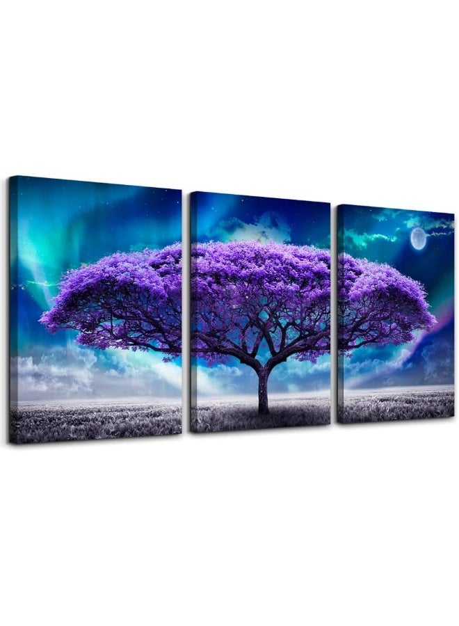 Lapremoly Canvas Wall Art For Living Room Boho Wall Decor For Bedroom Farmhouse Wall Pictures Aurora Purple Tree Scenery Wall Painting Office Canvas Prints Modern Dormitory Home Decorations 16" X 24" 3 Piece - Image 1