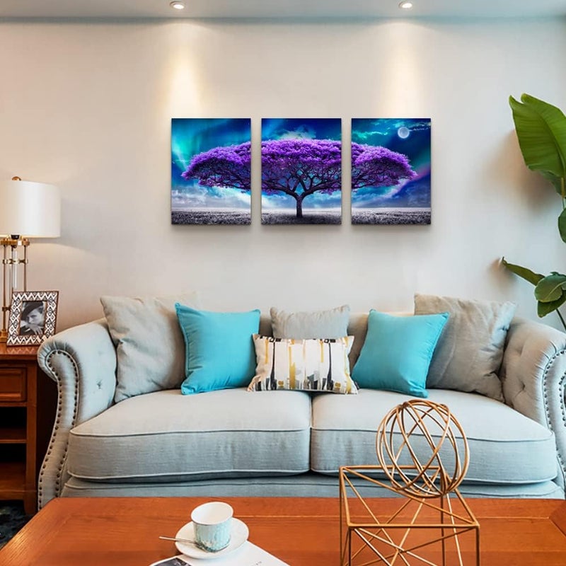 Lapremoly Canvas Wall Art For Living Room Boho Wall Decor For Bedroom Farmhouse Wall Pictures Aurora Purple Tree Scenery Wall Painting Office Canvas Prints Modern Dormitory Home Decorations 16" X 24" 3 Piece - Image 5