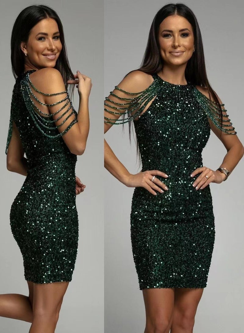 NIBEMINENT Fashionable Off-the-shoulder Tassel Short Skirt With Crystal Patchwork Sequin Dress For Ladies - Image 1
