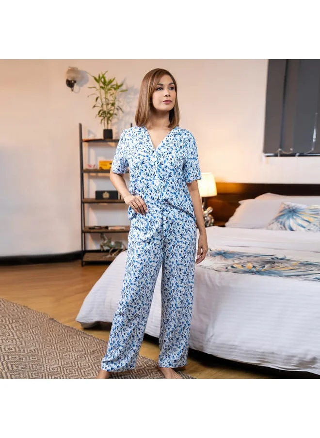 Aadaraya Aadaraya Floral Print Short Sleeve Shirt and Elasticated Pyjama Set