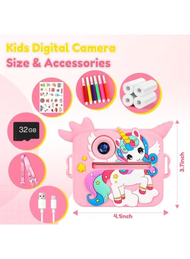 Kids Instant Print Camera, 1080P HD Children's Digital Camera with 32GB SD Card, 16x Zoom Unicorn Silicone Toy Camera, Zero Ink Thermal Printing Selfie Video Camera for Birthday Gift and Eid Surprise (Pink) - Image 2