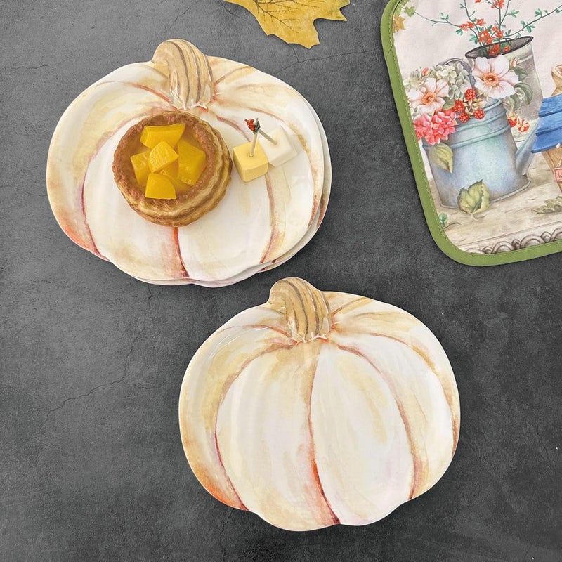 UP UPware Ivory PumpkinShaped Melamine Plates  Fall Harvest Theme BPAFree Dishwasher Safe for Appetizers Dessert Snacks and Thanksgiving Cream White 7875 x 7 Inch Set of 4 - Image 2