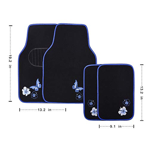 CAR PASS Universal Fit Embroidery Butterfly and Flower Car Floor Mats, Blue Car Floor Mats Fit 95% Automotive,SUVS,Sedan,Vans,for Women,Girly,Set of 4 (Black with Blue) - Image 2
