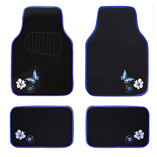 CAR PASS Universal Fit Embroidery Butterfly and Flower Car Floor Mats, Blue Car Floor Mats Fit 95% Automotive,SUVS,Sedan,Vans,for Women,Girly,Set of 4 (Black with Blue) - Image 1