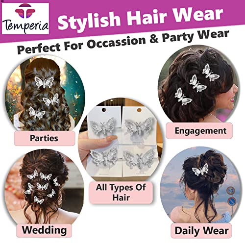 TEMPERIA Hair Accessories For Women's Stylish- Butterfly Hair Pins for Women's & Girls - Hair Style Bridal Brooch & Braid for Juda Bun - Hairstyle Decoration Bride Clips - Pack of 6 (Silver) - Image 5