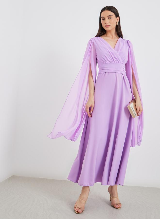 Take Two Cape Sleeve Pleated Detail V-Neck A-Line Maxi Dress - Image 1