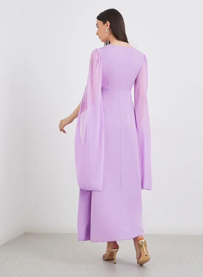 Take Two Take Two Cape Sleeve Pleated Detail V-Neck A-Line Maxi Dress