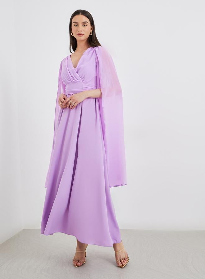 Take Two Cape Sleeve Pleated Detail V-Neck A-Line Maxi Dress - Image 2