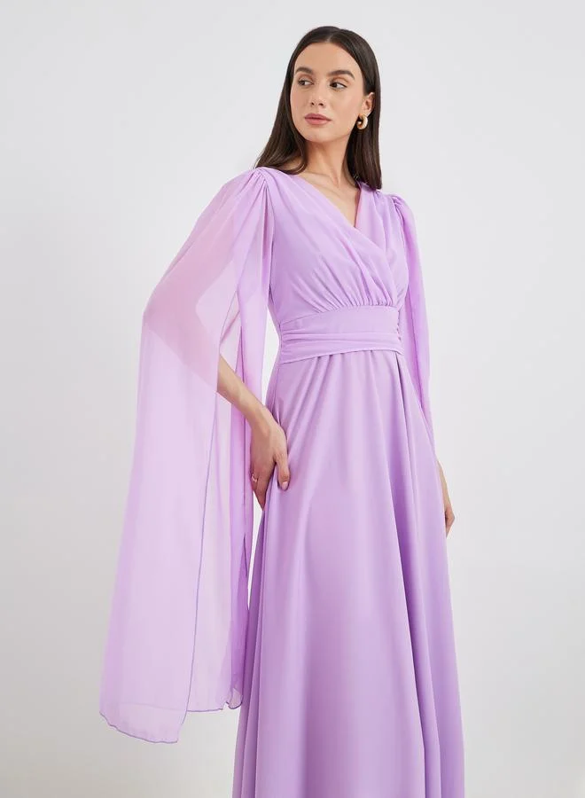 Take Two Take Two Cape Sleeve Pleated Detail V-Neck A-Line Maxi Dress