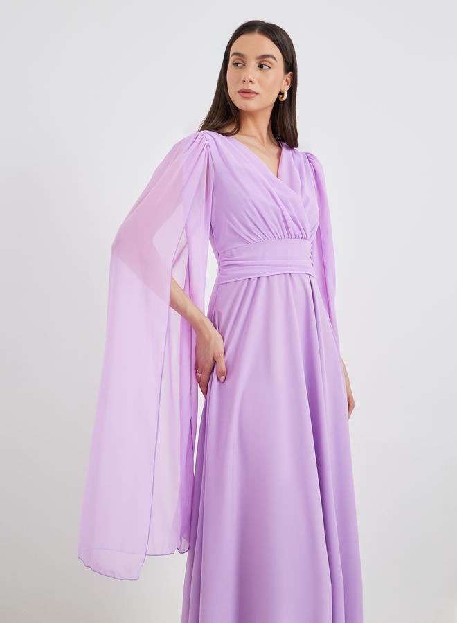 Take Two Cape Sleeve Pleated Detail V-Neck A-Line Maxi Dress - Image 3