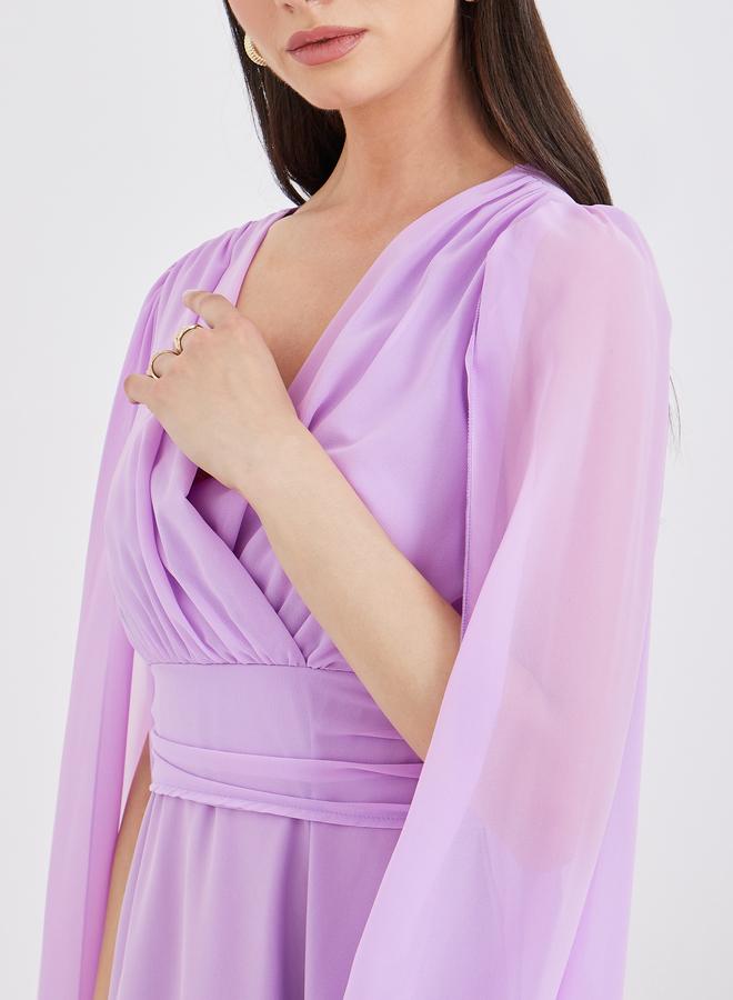 Take Two Cape Sleeve Pleated Detail V-Neck A-Line Maxi Dress - Image 4