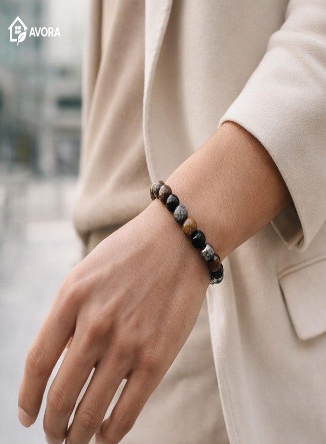 AVORA Original Triple Protection Bracelet with Lab Certificate for Men and Women - Natural Energised Tiger Eye Stone, Black Obsidian, Hematite Stone for Power, Protection, Good Luck - 8MM Beads - Image 2