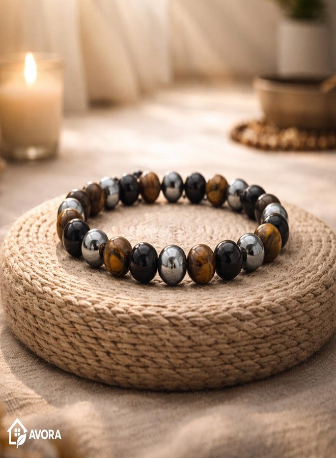 AVORA Original Triple Protection Bracelet with Lab Certificate for Men and Women - Natural Energised Tiger Eye Stone, Black Obsidian, Hematite Stone for Power, Protection, Good Luck - 8MM Beads - Image 5