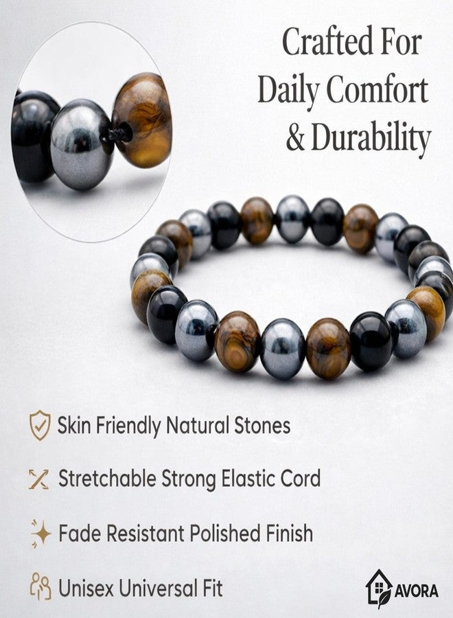 AVORA Original Triple Protection Bracelet with Lab Certificate for Men and Women - Natural Energised Tiger Eye Stone, Black Obsidian, Hematite Stone for Power, Protection, Good Luck - 8MM Beads - Image 3