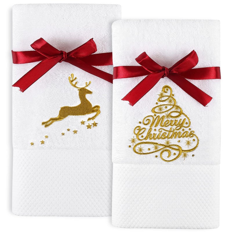 Quera 2 Pack Christmas Hand Towels Christmastree Reindeer 100 Cotton Embroidered Premium Luxury Decor Bathroom Set for Drying Cleaning Cooking Holiday Towels Gift Set 137 X 295