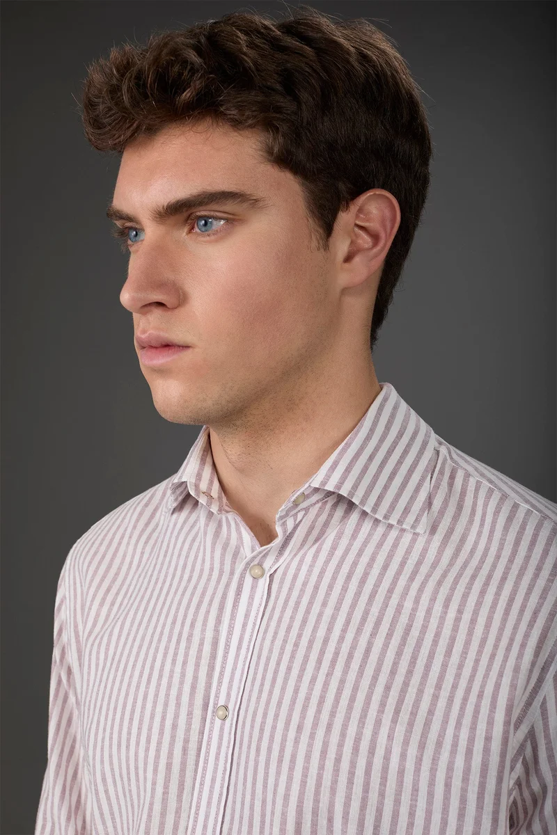Doppelganger Multicolour Men's casual shirt with French collar in striped washed linen and cotton fabric - White/Wine for Men | Best Price UAE