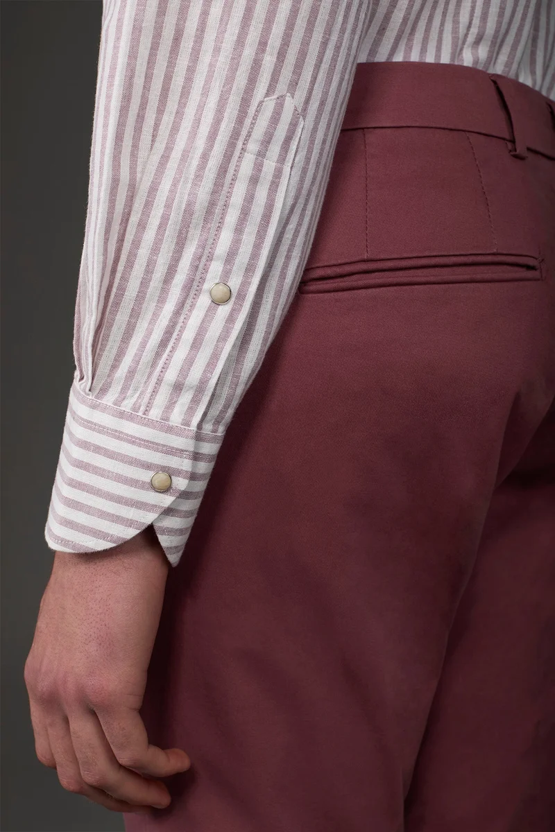 Doppelganger Multicolour Men's casual shirt with French collar in striped washed linen and cotton fabric - White/Wine for Men | Best Price UAE