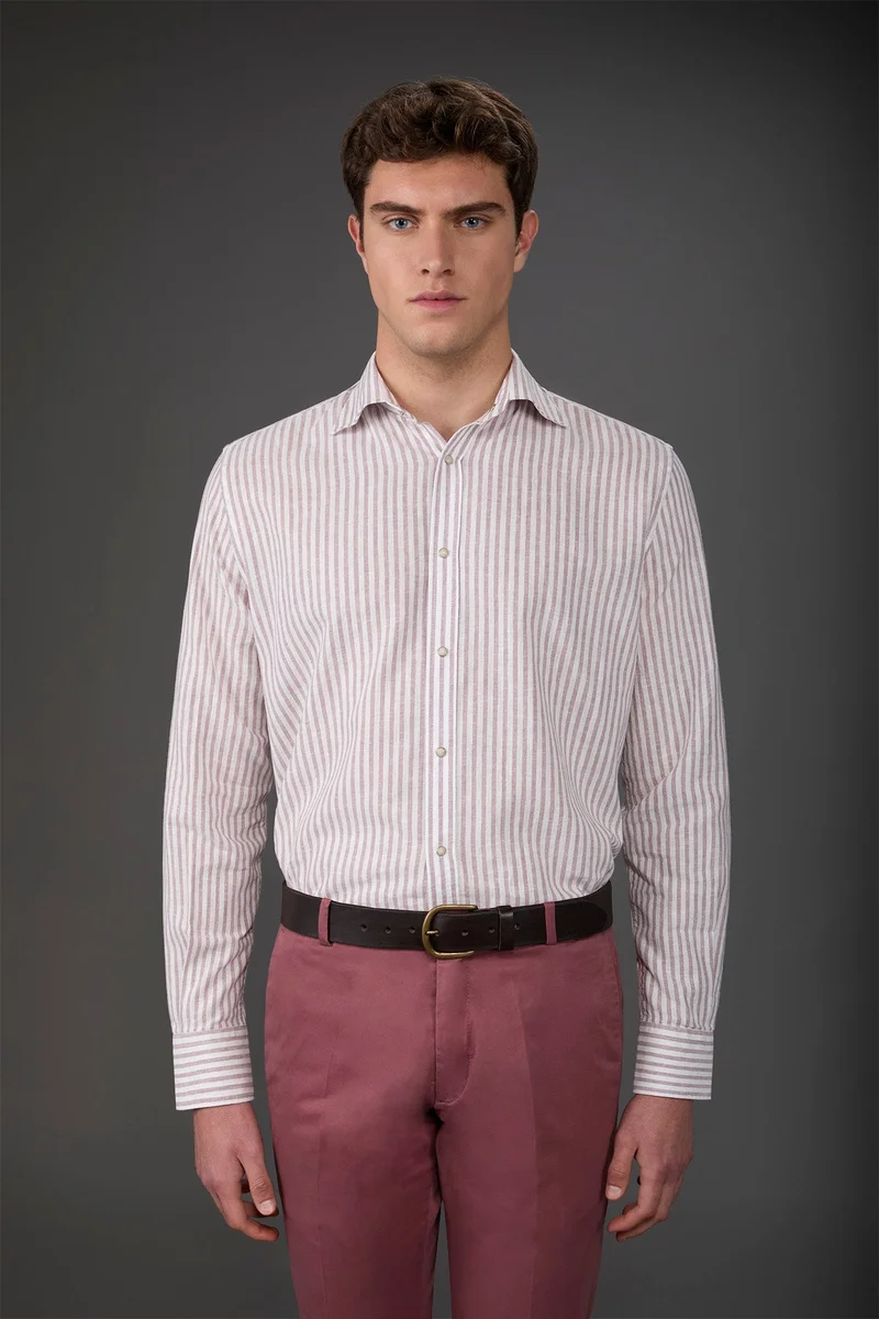 Men's casual shirt with French collar in striped washed linen and cotton fabric - White/Wine
