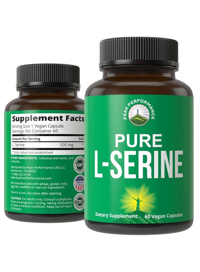 Peak Performance L-Serine Capsules 500mg Best Brain and Nootropic Amino Acids for Production of L-Cystine, L-Tryptophan and Serotonin. USA Grade L Serine Pills. Non-GMO Supplement (60 Servings) - Image 1