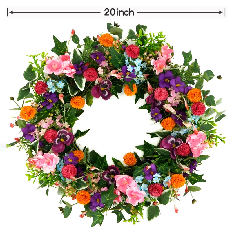 WreathDream Spring Summer Wreaths for Front Door Pansy Wreath with Pink Cherry Blossoms,Small Ball Bhrysanthemum for Indoor Outdoor Farmhouse Home Porch Wall Window Festival Wedding Decor - Image 3